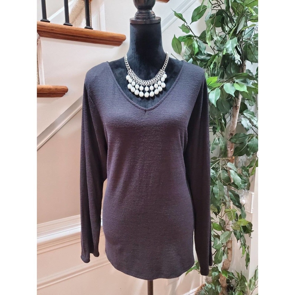 Evri‎ Women Black Solid Rayon V-Neck Long Sleeve Pullover Casual Sweater Size 1X
